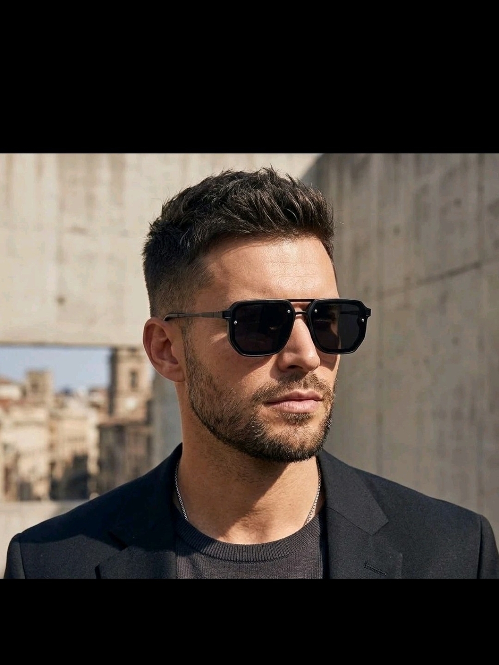 Men's Black Square Frame Sunglasses with Metal Bridge